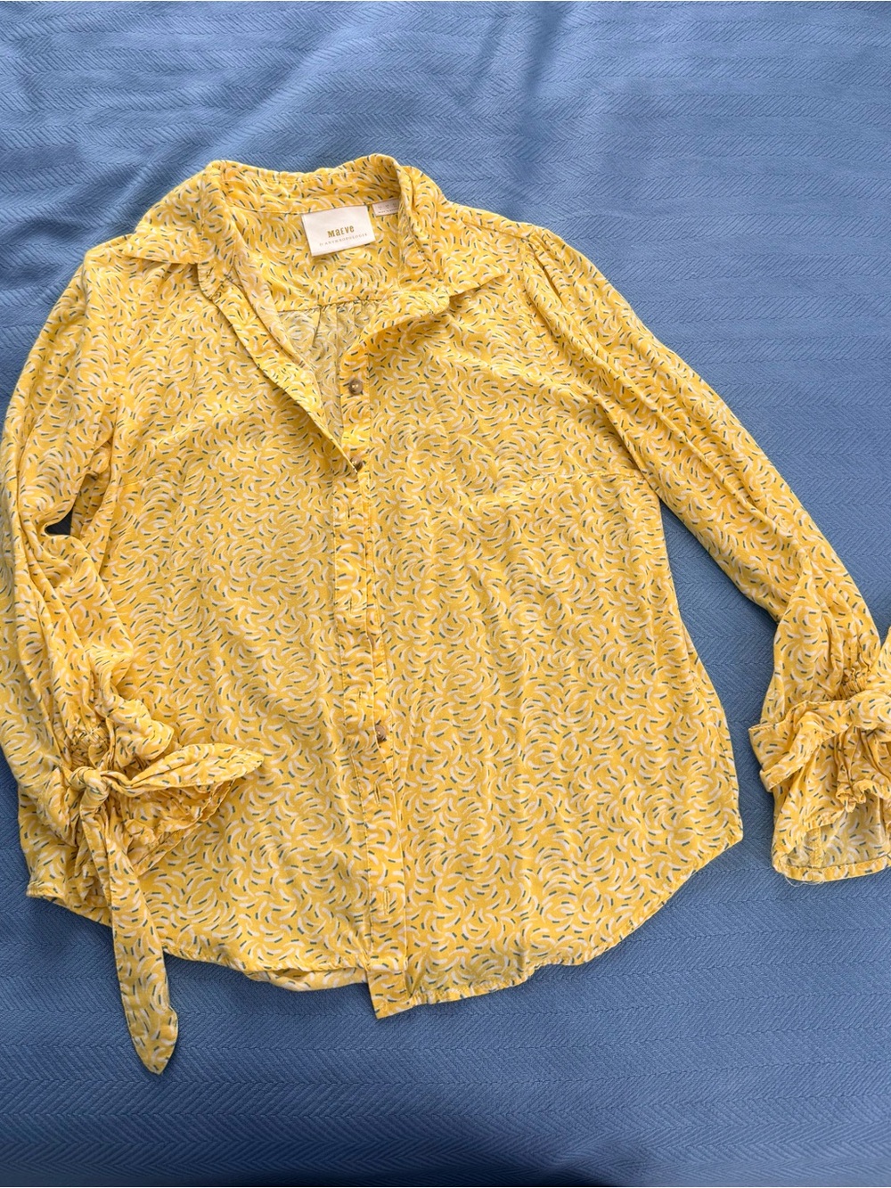 NWOT Maeve Yellow Printed Button-Up Blouse with Tie Sleeves